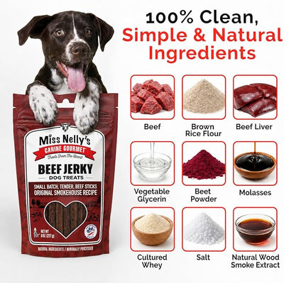 Miss Nelly's -All Natural Beef Jerky Dog Treats - Soft Sticks - USA Made and Sourced - Original Smoke House Recipe - Small Batch Beef Jerky for Dogs - Minimally Processed - 8 oz. Bag