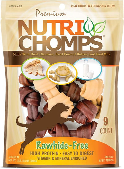 NutriChomps Dog Chews, 4-inch Knots, Easy to Digest, Rawhide-Free Dog Treats, 9 Count, Real Chicken, Peanut Butter and Milk flavor