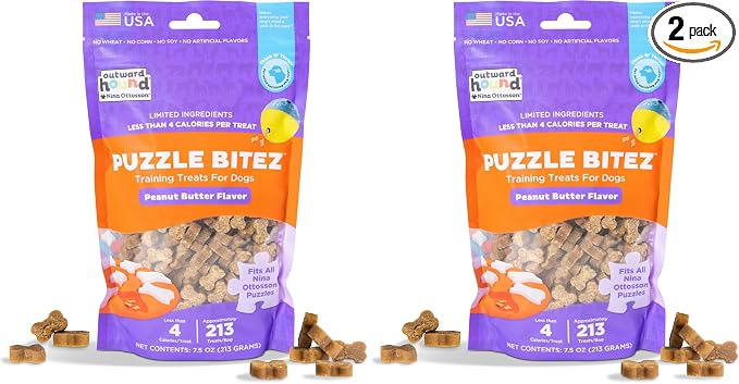 Outward Hound by Nina Ottosson Puzzle Bitez USA Made Dog Treats,Peanut Butter Flavor,Bite-Sized Training Reward and Interactive Puzzle Toy Treats,7.5oz,(Pack of 2)