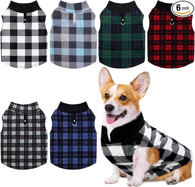 6 Pieces Warm Fleece Vest With Leash Ring - Dog Sweatshirt Winter Pet Clothes Plaid Pullover for Puppy Small Dogs Cat, Large