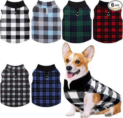 6 Pieces Warm Fleece Vest With Leash Ring - Dog Sweatshirt Winter Pet Clothes Plaid Pullover for Puppy Small Dogs Cat, Medium