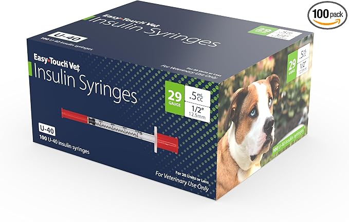Easy Touch Pet U-40 Insulin Syringes for Dogs & Cats – 29G 0.5cc 1/2", Half-Unit Markings, Compatible with U-40 Insulin, Box of 100 (For Animal Use Only)