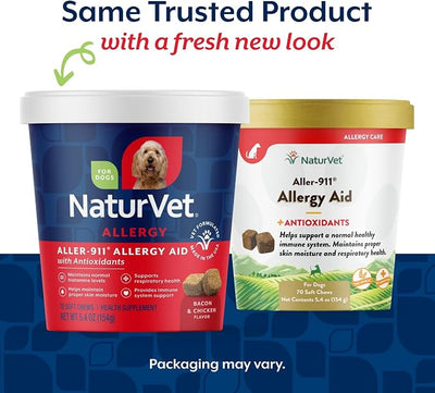 NaturVet Aller-911 Advanced Allergy Aid for Dogs, Cats – Antioxidant-Rich Pet Supplement with Omegas, DHA, EPA – Helps Support Dog Immune System, Cat Respiratory Health, Skin Moisture 70 Soft Chews