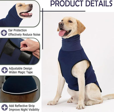 KOESON Dog Anxiety Relief Vest with Ear Cover, Soft & Breathable Dog Thunder Jacket for Thunderstorm, Fireworks, Travel, Separation, Reflective Calming Hoodie for Small Dogs, Navy Blue S