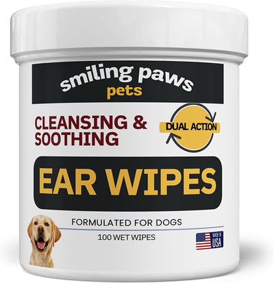 Smiling Paws Pets Ear Wipes for Dogs | Dog Ear Wipes Otic Cleanser for Dogs to Stop Ear Itching with Aloe and Eucalyptus Made in USA 100 Count