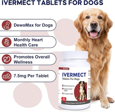 Ivermect Tablets for Dogs, Monthly Heart Health Support, Promotes Cardiovascular Wellness, Circulation & Energy, Canine Wellness Supplement, 100 Tablets