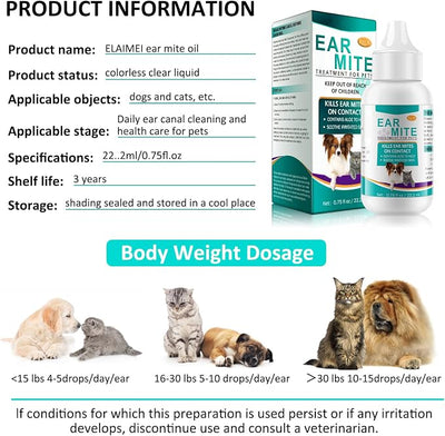 Daiasns Ear Mite Treatment for Cats & Dogs - Fast-Acting Ear Mite Drops, Dog Ear Infection Treatment, Ear Mite Treatment for Dog Yeast Infection, 100% Natural for Ear Relief - 0.75 fl oz (Pack of 2)