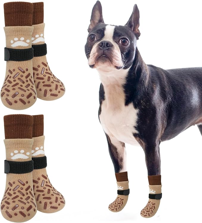 SCENEREAL Dog Socks to Prevent Licking Paws for Hot/Cold Pavement, Anti Slip High Top Dog Grip Socks for Hardwood Floors, Dog Shoes Booties&Paw Protector for Small Medium Large Senior Dog, Khaki S