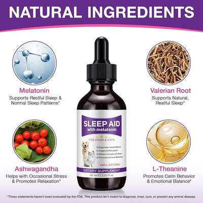 Liquid Melatonin for Dogs & Cats, 60ml Dog Melatonin Calming Drops with L-Theanine, Cat Calming Dog Sleep Aid Support Anxiety Relief for Travel, Separation, Barking, Fireworks