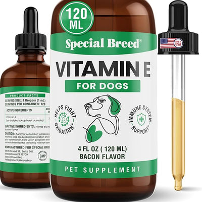 Vitamin E for Dogs Liquid 250 IU - Vitamin E Oil for Dogs Skin and Coat Support - Dog Immune Support Antioxidant Supplement - Bacon Flavor - 120 Servings - 4 oz