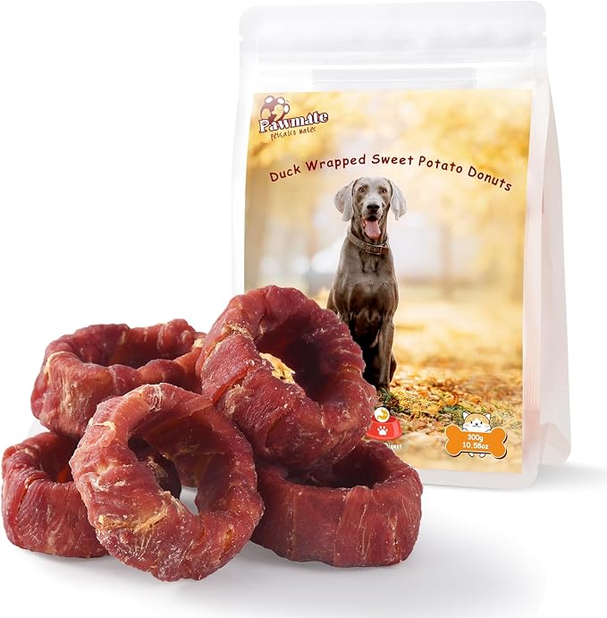 Pawmate Dog Treats Duck Wrapped Sweet Potato Donuts Rings, Healthy Low Fat Dog Jerky Chews, High Protein Training Treats Snacks for Small Medium Large Breed, 10.6 oz