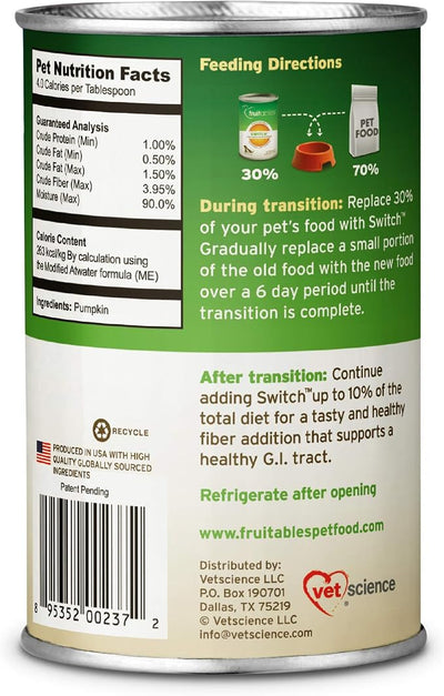 Fruitables Fresh Pumpkin Blend Fiber Supplement for Cats & Dogs, Smooth Food Transition Support, Pumpkin Recipe Wet Food Topper, 15 Ounce Cans, Pack of 6