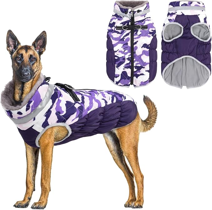 Cutebone Purple Camouflage Waterproof Thick Dog Winter Coat Doggie Jacket, Cozy Warm Pet Clothes Comfortable Puffer Dog Vest for Small Medium Large Dogs with Harness Hole YRFN01XL
