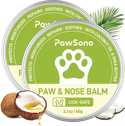 PawSono Lick-Safe Dog Paw & Nose Balm with Coconut Oil | All-Natural Moisturizer & Soother for Dry, Cracked Pads & Snout | Summer Hot Pavement & Sand Paw Wax, Nose Butter for Bulldogs(2.1oz *2)