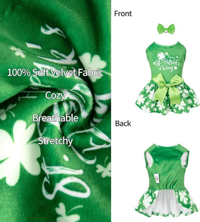 CuteBone St.Patrick's Day Dog Green Dress Velvet for Small Dogs Girl Puppy Dresses Clover Dog Clothes