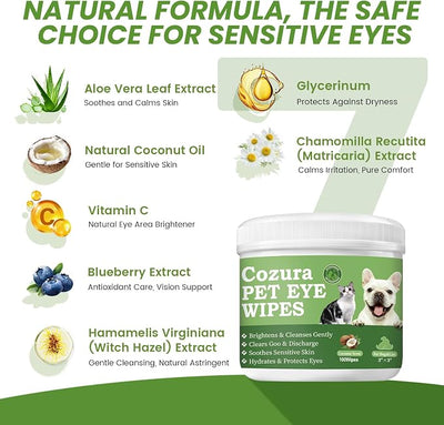 Dog Eye Wipes Tear Stain Remover for Dogs & Cats, Gentle Pet Eye Cleaner Pads to Remove Discharge, Crust & Boogers, Natural Grooming Supplies for Puppy, Kitten - 100ct, Coconut Scent