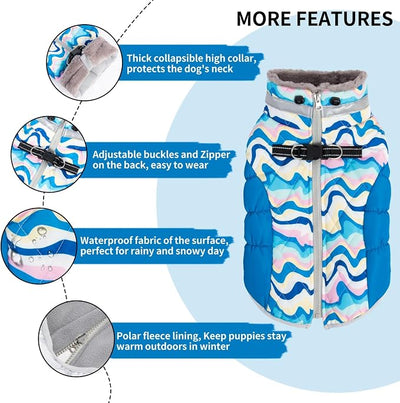 CuteBone Blue Dog Winter Coat with Harness, Reflective Warm Jacket for Medium Large Dogs, Snowsuit with Zipper
