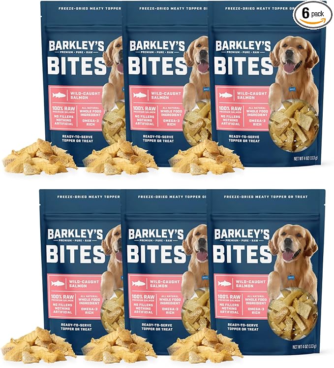 Barkley’s Bag Salmon Bites, Freeze Dried Dog Treats and Food Topper, Made with Wild-Caught Salmon, Bite-Sized Whole Pieces for Training Rewards, for All Dog Breeds, Ages & Sizes, 4 Oz Bag (6 Pack)