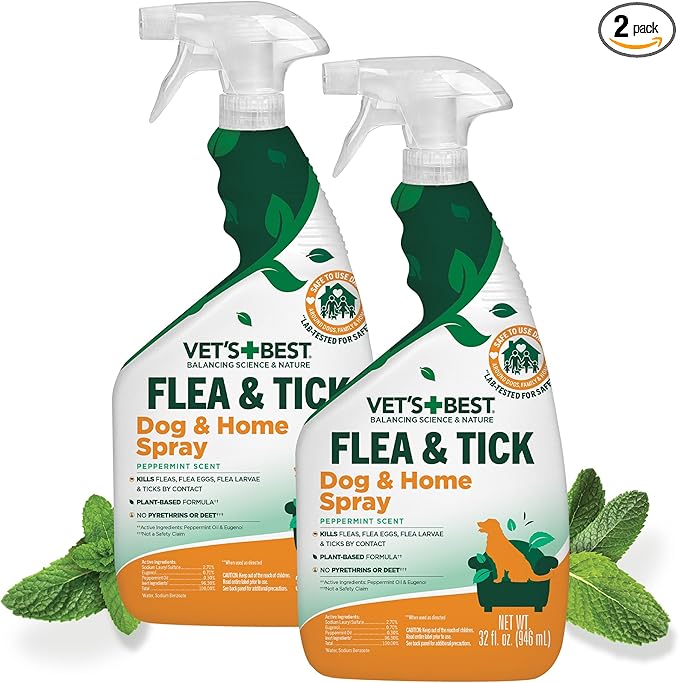 Vet’s Best Flea and Tick Home Spray – Plant-Based Flea and Tick Treatment for Dogs and Indoor Use – Natural Spray with Essential Oils for Flea Control in Home – 32 oz Bottles, 2 Pack
