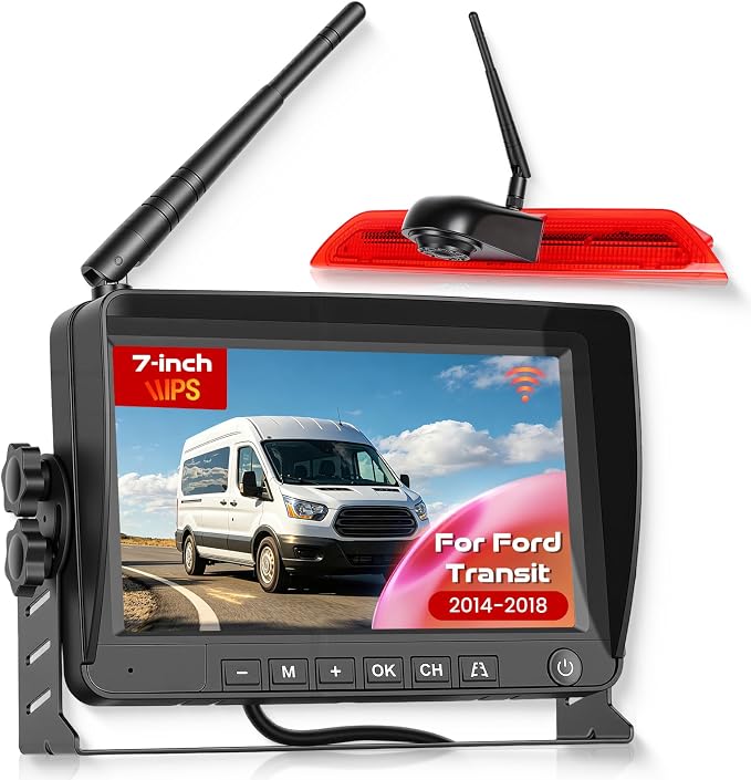 Wireless Backup Camera for Ford Transit 2014-2018, 3rd Brake Light Rear View Camera System with 7" Monitor, High Mount Roof Reverse Camera, IR Night Vision, Parking Assist
