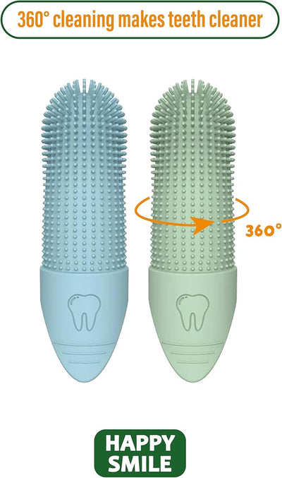 Happy Smile Dog Toothbrush 360° – Soft Silicone Finger Toothbrush for Dogs & Cats, Gentle Teeth Cleaning, BPA-Free, 2-Pack (Blue & Green)
