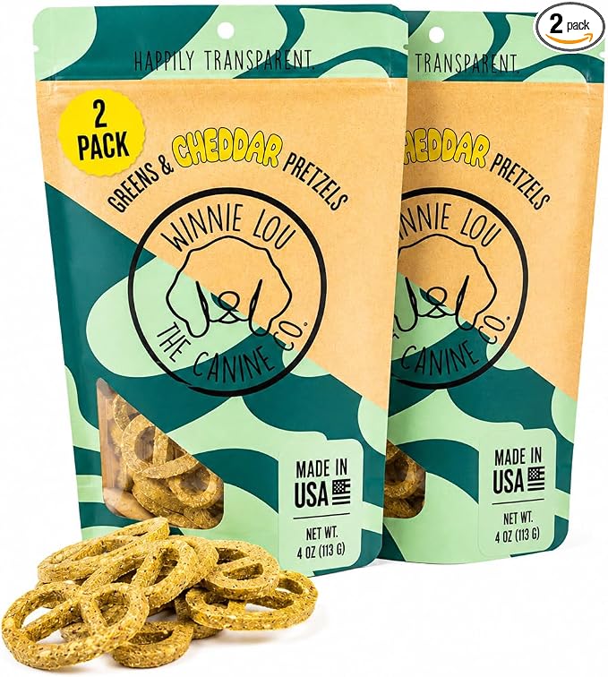 Winnie Lou Organic Dog Treats – Natural Dog Biscuits, USA Made, Organic Ingredients, Clean, Sensative Stomach, All Breed Sizes, High Protein, Hypoallergenic, Greens & Cheddar Pretzels (Pack of 2)