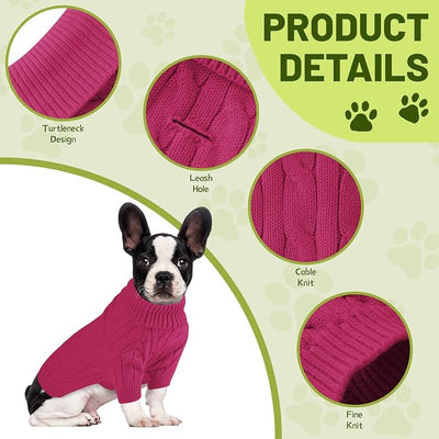 Small Dog Thermal Pullover Sweater, Classic Turtleneck Cable Knitwear Dog Clothes for Cold Weather Warm Pet Clothes for Chihuahua, Bulldog, Dachshund, Pug Hot Pink Large