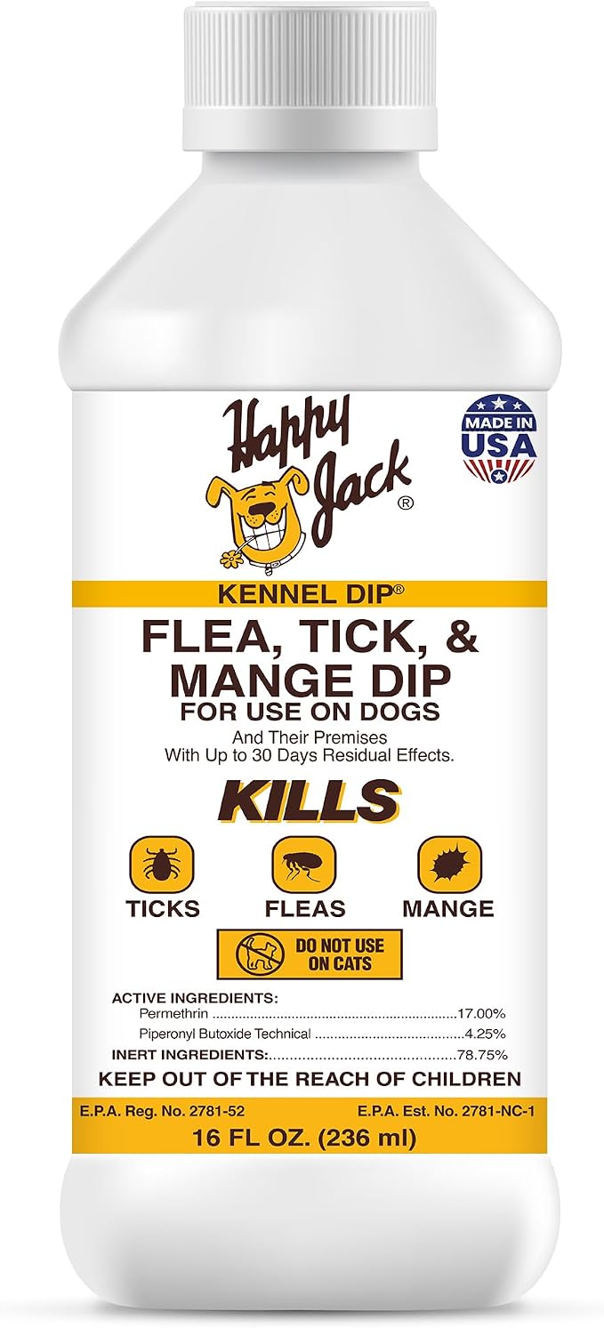 Happy Jack Kennel Dip Dog Flea and Tick Treatment & Prevention, Made in USA, Spray Yard & Home 30-Day Control, Kills Fleas, Ticks, Deer Ticks, Mange, Lice, for Puppies, Small to Large Dogs (16 oz)