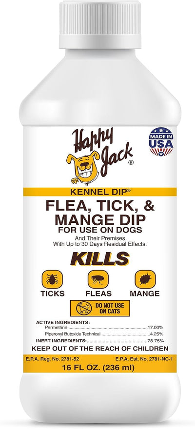 Happy Jack Kennel Dip Dog Flea and Tick Treatment & Prevention, Made in USA, Spray Yard & Home 30-Day Control, Kills Fleas, Ticks, Deer Ticks, Mange, Lice, for Puppies, Small to Large Dogs (16 oz)
