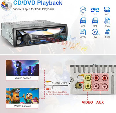 Single Din Bluetooth Car Stereo with CD DVD Player, Single Din Radio with Bluetooth AM/FM AUX/USB/SD Card Playback