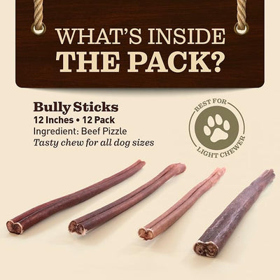 Pet Odor-Free Standard Bully Sticks (12", 12 Pack) – 100% Grass-Fed Beef Pizzle Dog Chews, Fully Digestible & Long-Lasting Dental Treats