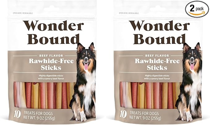 Wonder Bound Beef Flavor Dog Treat Sticks, 10 Count | Rawhide-Free | Dental Health | Easy to Digest | 9 Oz Pack of 2