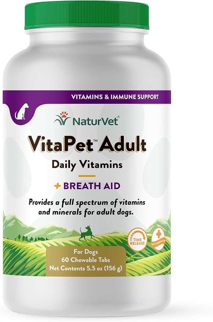 NaturVet VitaPet Adult Daily Vitamins for Dogs With Breath Aid – Includes Full Spectrum of Vitamins, Minerals, Omega-6 Fatty Acids, Parsley – Designed for Dogs Over 1 Year – 60 Ct.