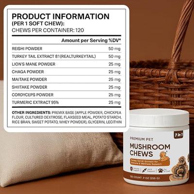 Turkey Tail Mushroom for Dogs - Mushroom Chews for Dog - Reishi, Lion’s Mane, Chaga - Immunity, Gut, Skin, Joint Support - All Breeds & Sizes - 120 Chews