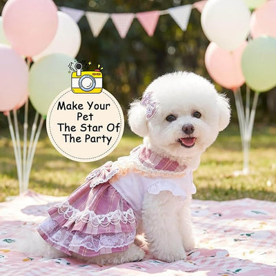 Plaid Princess Dog Dress, Multi Layered Skirt Lace Trim Design Dog Outfit, Girl Dog Clothes with Large Bow & Bow Hair Accessory for Birthday, Wedding, Party, Photoshoot (XXL)