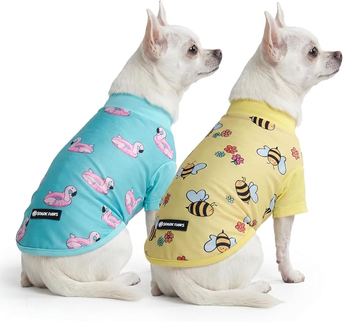 Spark Paws Sunblock Dog T-Shirt, SPF30 Protection, Lightweight Breathable Quick Dry for Dogs with Sensitive Skin - Bees & Flamingo (Set of 2) - Size M