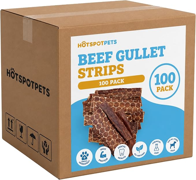 hotspot pets Beef Dog Treats Esophagus (6 Inches) - 100% Natural Healthy Chews for Dogs - Meat Jerky Snack Free of Preservatives, Hormones & from Grass Fed Cattle (100 Pack)