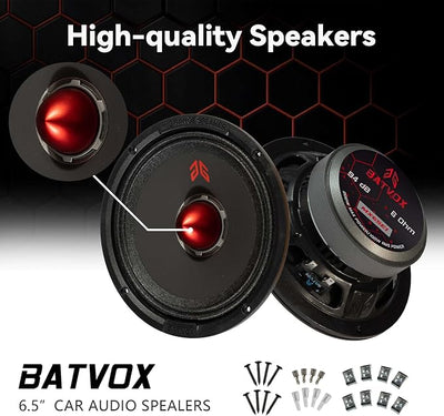 MX65E1 Loudspeaker 6.5 Inch Midrange 400 Watts 6 Ohms Red Bullet, Premium Quality Audio Door Speakers for Car or Truck Stereo Sound System, Black (2 Speakers)