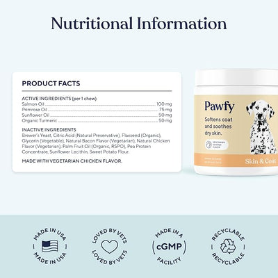 Pawfy Skin & Coat with Salmon Oil - Dog Allergy Relief Chews | Advanced Licking Paws Comfort | Dog Itching Skin Relief & Seasonal Allergies Support - Immune Support & Coat Defense | 30 Chews (Chicken)
