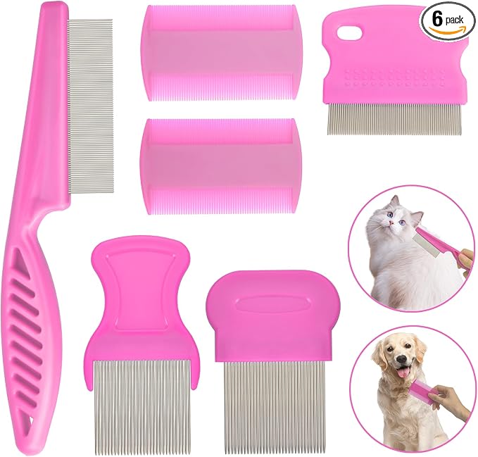 Flea Comb for Cats Dogs, 6 Pack Pet Lice Comb Set Pet Grooming Pets for Small, Medium & Large Pets（Pink）