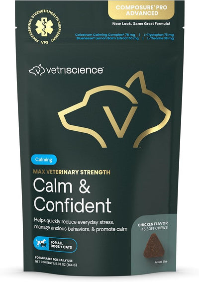 VETRISCIENCE Max Veterinary Strength Calm & Confident Chews - Stress Supplement for Pets - Supports Brain Function for Cats & Dogs - with Lemon Balm Extract, L-Theanine, Thiamine & More - 45 Count