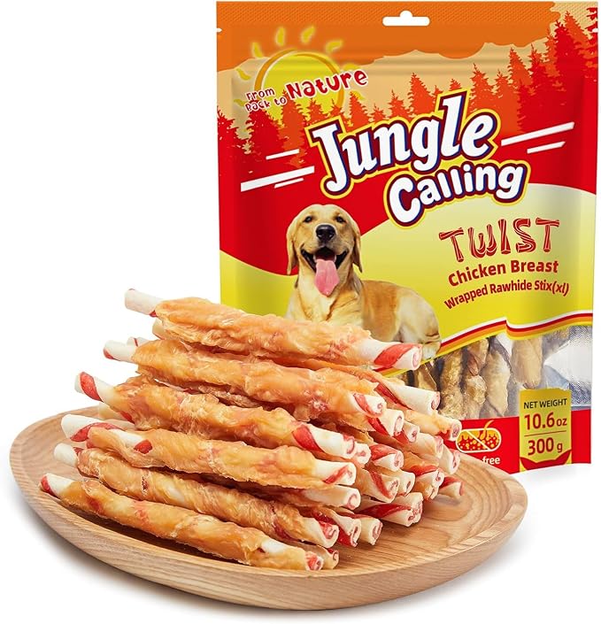 Jungle Calling Dog Treats, Chicken Wrapped Rawhide Chew Sticks, High Protein, Low Fat Dental Chews for Teeth Cleaning & Training Rewards, 10.6 oz