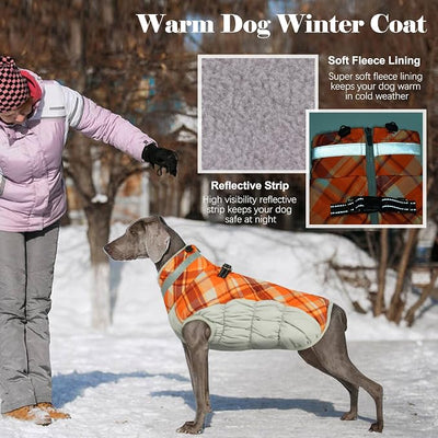 Lelepet Warm Dog Winter Coat Dog Coats for Large Dogs Waterproof Dogs Jacket with Harness Built in Reflective Cold Weather Coats Windproof Zip-Up Winter Fleece Vest Snowsuit Boxer Orange Plaid XL