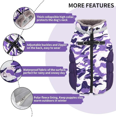 Cutebone Purple Camouflage Waterproof Thick Dog Winter Coat Doggie Jacket, Cozy Warm Pet Clothes Comfortable Puffer Dog Vest for Small Medium Large Dogs with Harness Hole YRFN01XL