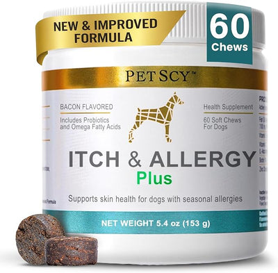 PetScy Itch & Allergy Plus Dog Allergy Chews for Itchy Skin, Ears & Paws | Colostrum, Probiotics & Quercetin | Dog Allergy Relief for Skin Redness, Hair Loss, Immunity and Digestive Health - 60 Chews