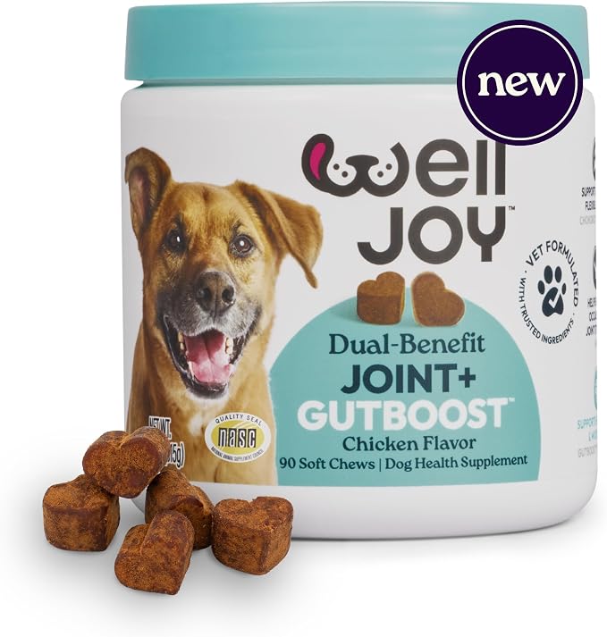 New! WellJoy Dog Supplement Joint+ GutBoost | Dog Health Supplement | Supports Healthy Flexible Joints | Dual-Benefit GutBoost Formulation | Vet Formulated | USA Made | Chicken Flavor | 90 Soft Chews