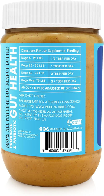 BUDDY BUDDER Bow-Wow Blueberry (probiotic + prebiotic), 100% Natural Dog Peanut Butter, Healthy Peanut Butter Dog Supplement, Made in USA (17oz Jar)