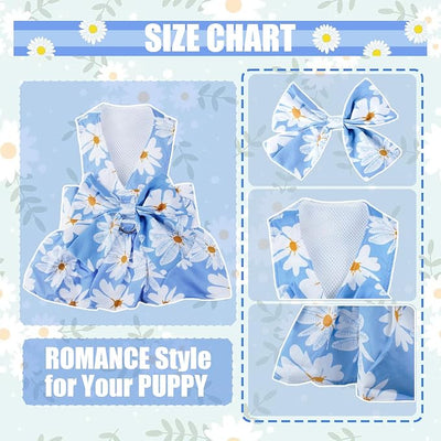 Dog Dress Bowknot Harness Leash Set for Small Girl Dogs Blue Daisy Floral Dog Cat Clothes Cute Puppy Outfits Pet Clothes Spring Summer Breathable Dresses(X-Small)