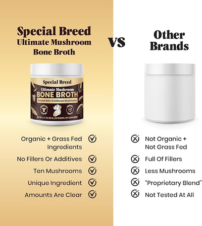 Beef Bone Broth for Dogs - High Protein Powder with Ten Organic Mushrooms & Collagen - Immune, Joint, Digestion & Cognitive Support - Tasty Dog Food Topper - Natural Hydration Booster