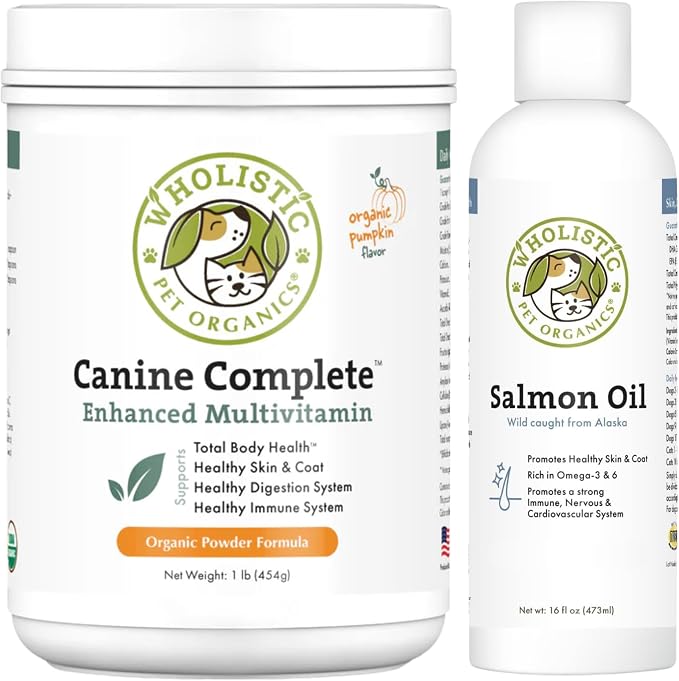 Wholistic Pet Organics Canine Complete & Salmon Oil - Dog Vitamins with Wild Alaskan Salmon Oil for Immune System, Skin, Coat & Overall Health - 1 lb Each